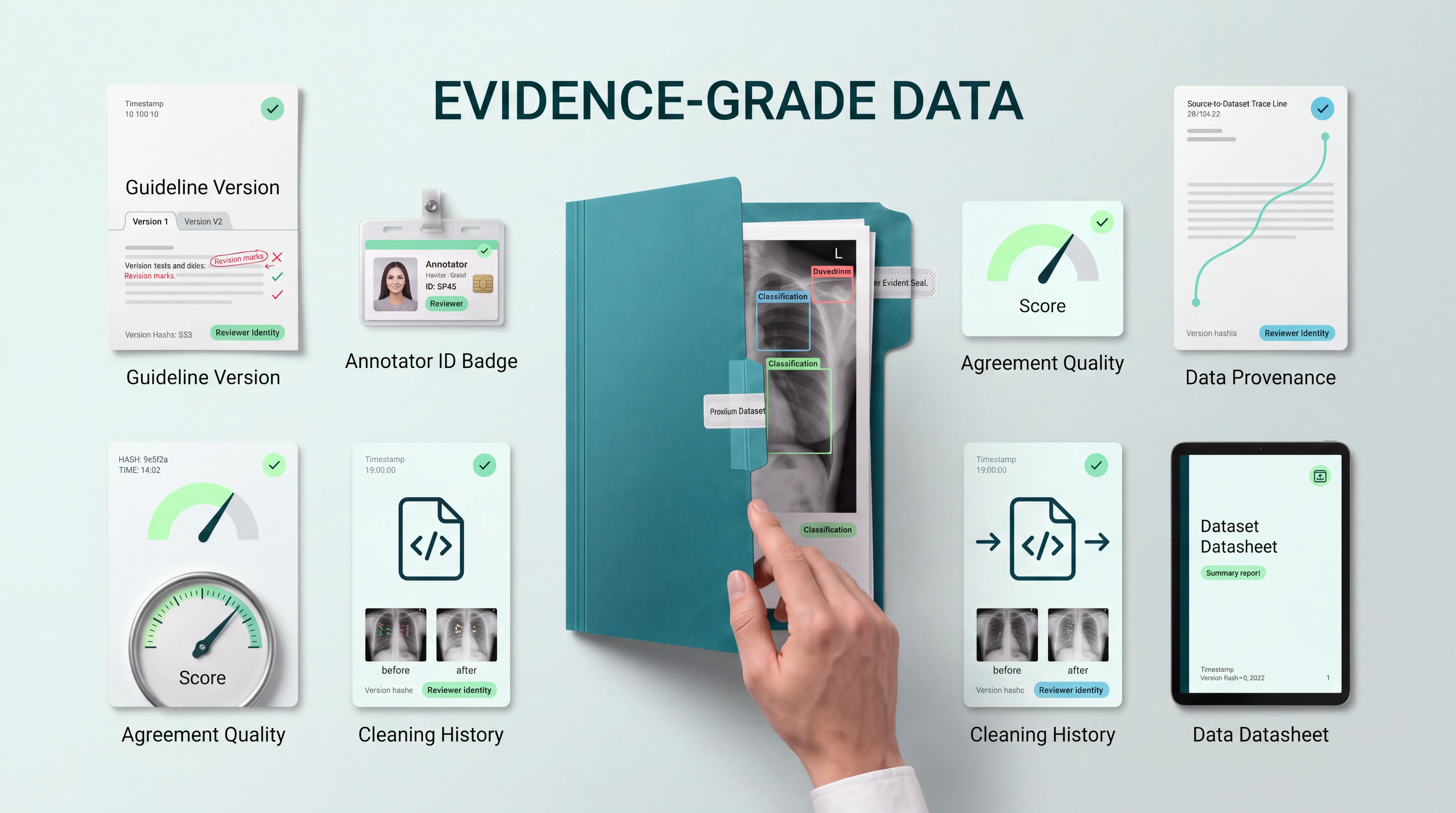 Evidence-grade annotation - six artifacts, four regulators, one per-dataset evidence bundle.